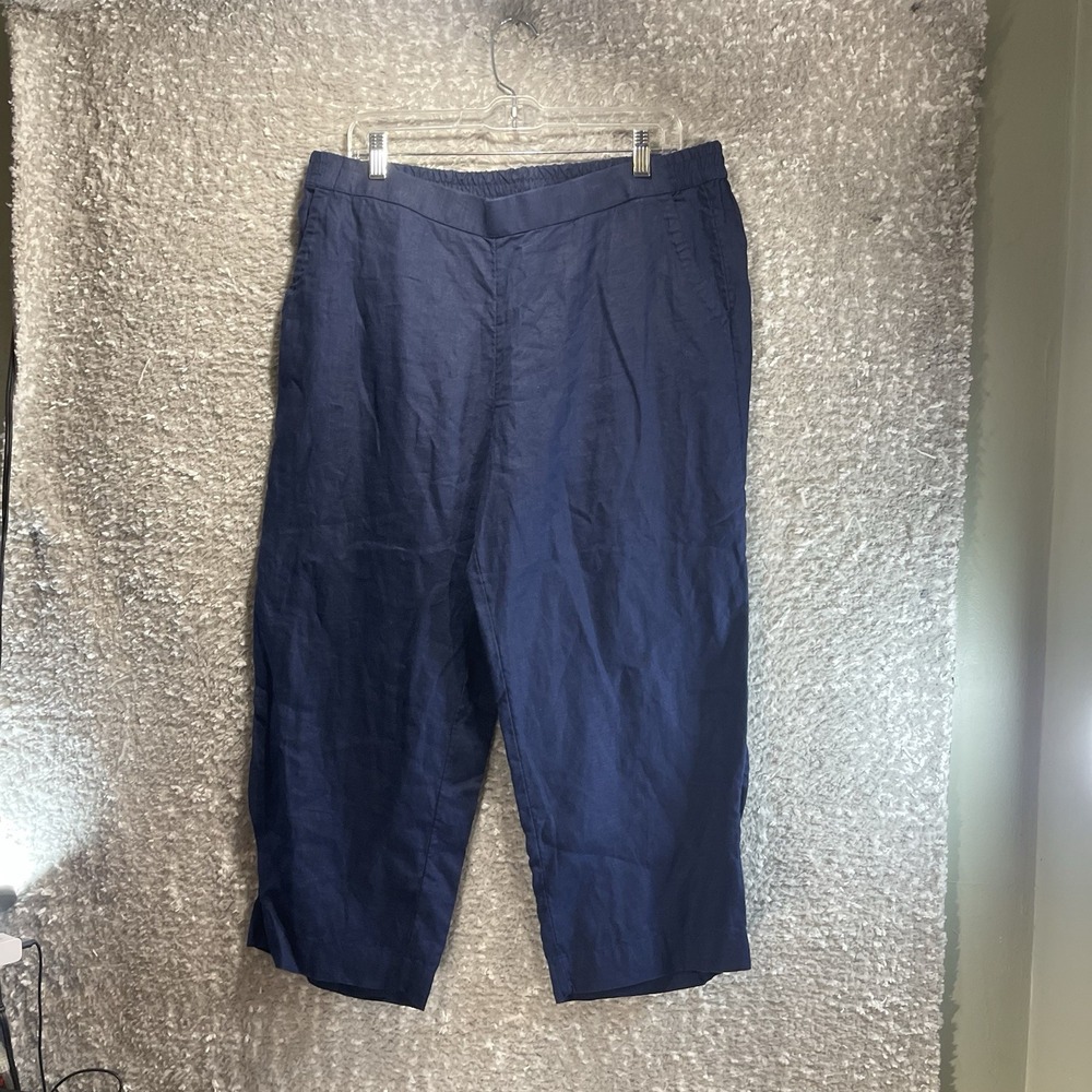 Charter‎ Club Linen Luxury Crop Wide Leg Pants Navy Elastic Waist L Lagenlook